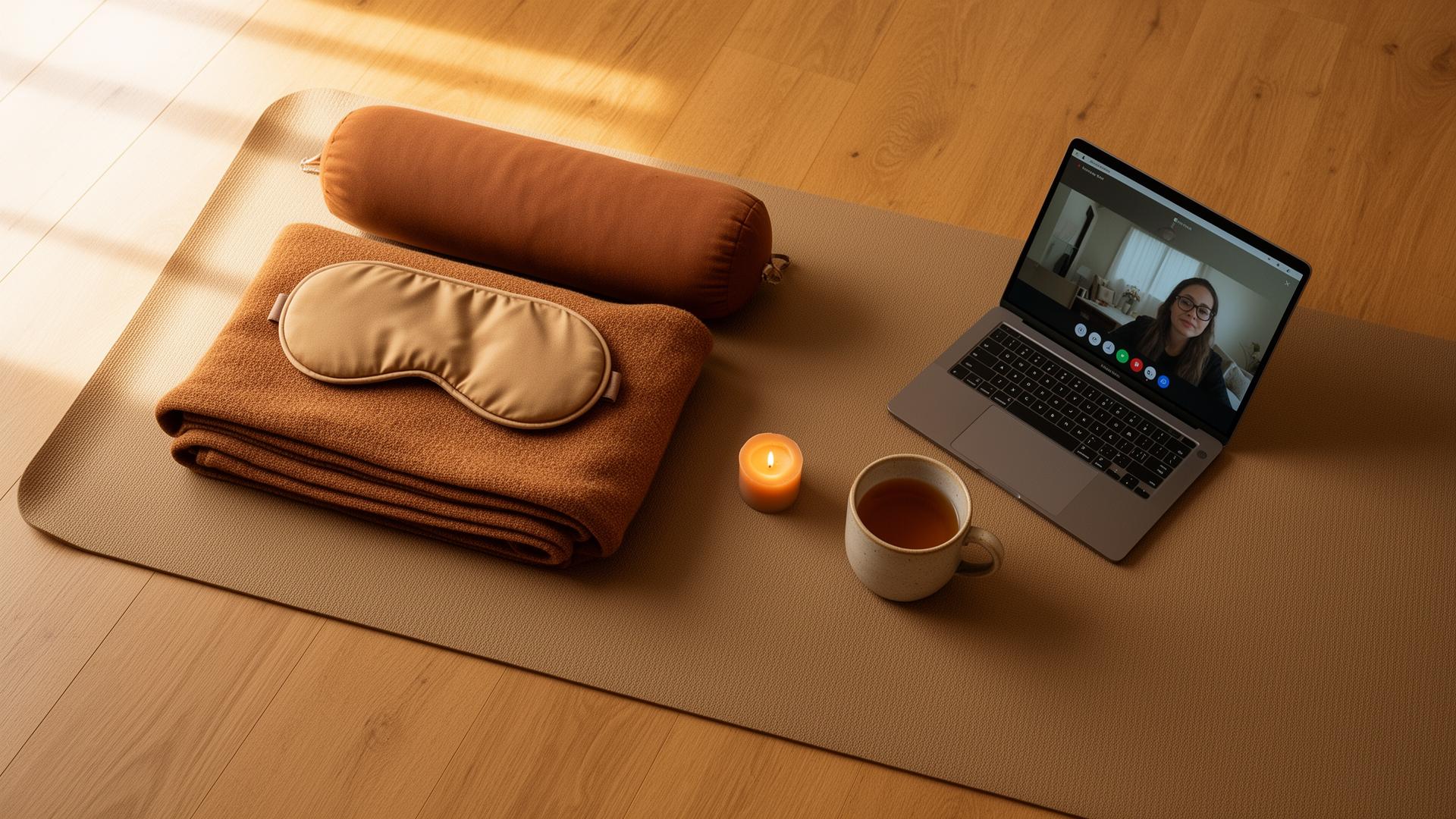 Restorative yoga setup at home with a bolster, eye mask, lit candle and mug of tea beside a laptop showing an online session